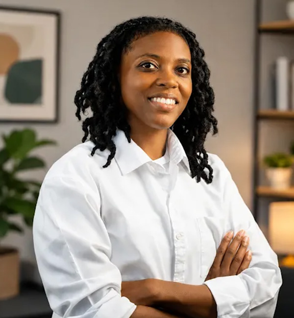 A person with medium-length curly hair, wearing a white collared shirt, smiles confidently with arms crossed in a modern, softly lit office setting—perfectly embodying the professional warmth and approachability of Shamari Saleem, LPC, MS.